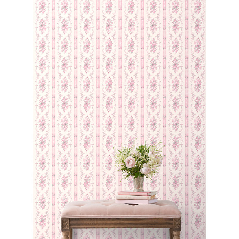 Papier peint à rayures et à fleurs Dreamy Days Parfait, Rose, L 20,5 po x L 246 po, Peler et coller