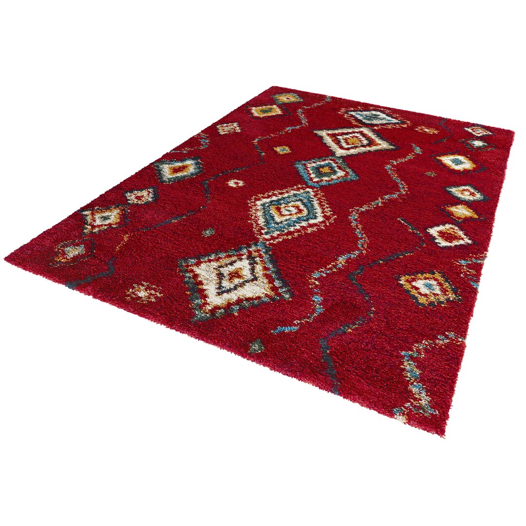 Geometric Hochflor Teppich - Shaggy Flokati Boho Design für Wohnzimmer, Schlafzimmer - Rot Bunt