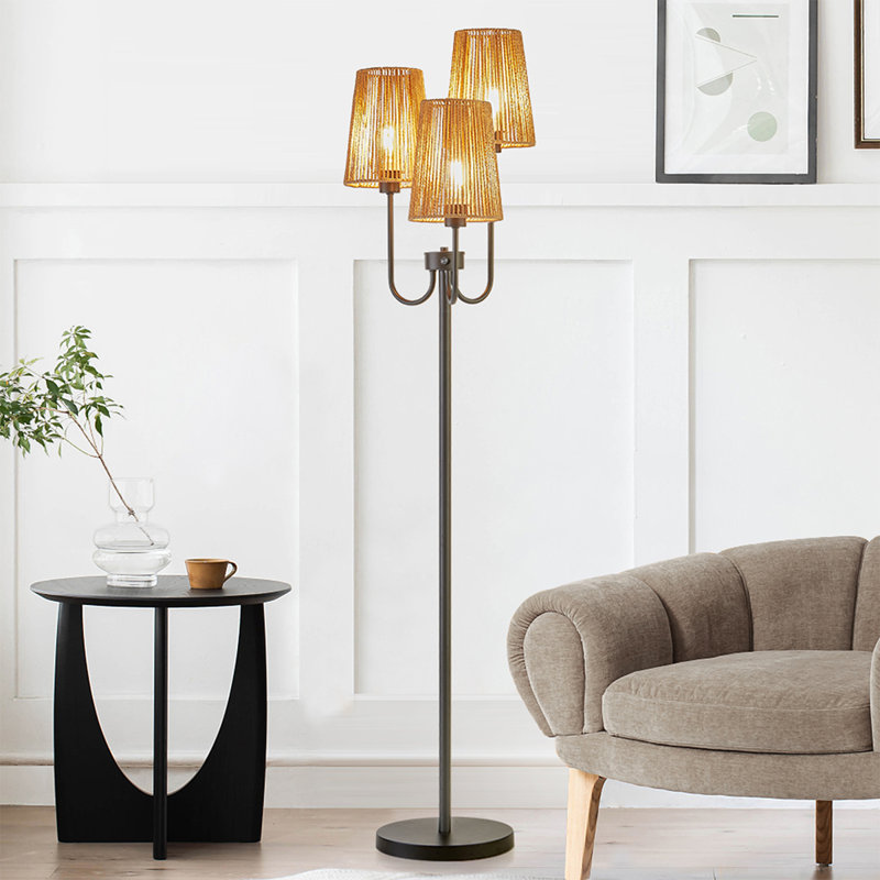 Karryn 65" 3-Light Tree Floor Lamp - Hemp String Shade - Black Metal