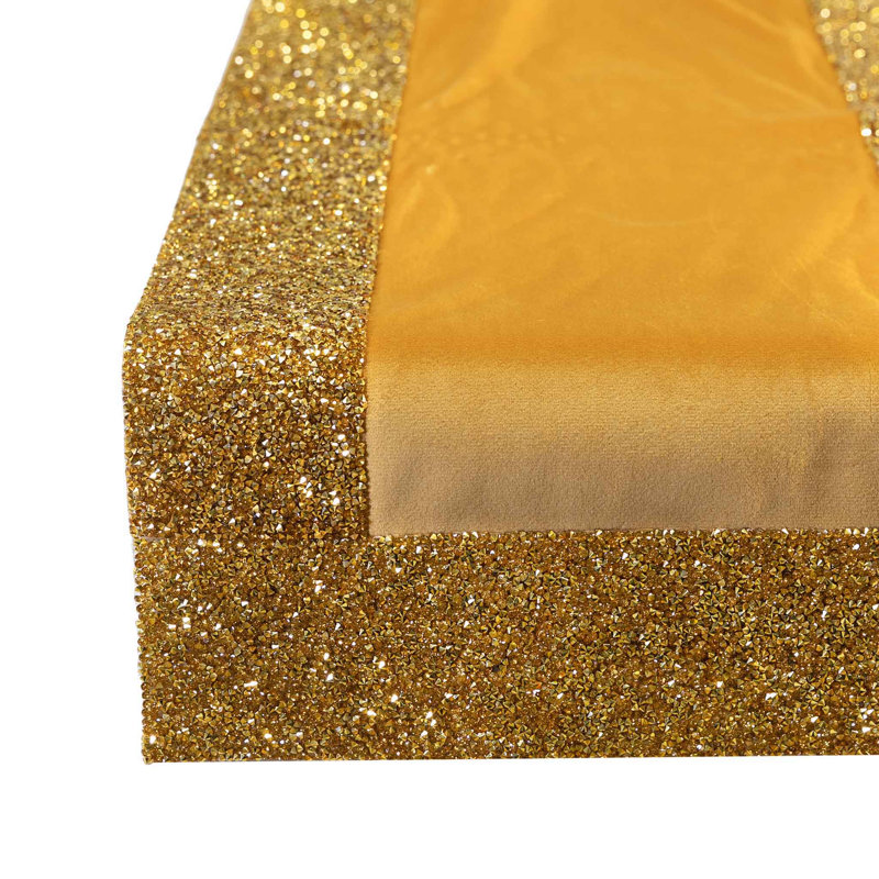 Gold Polyester Velvet Table Runner with Rhinestone Border
