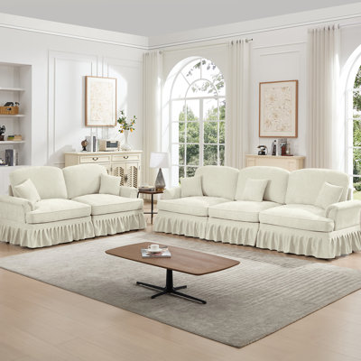 Beige blanc, 3 places, 2 places, conception modulaire classique, accoudoirs évasés, jupes amovibles, pieds fuselés, chenille, canapé à configurations multiples, salon, options de rangement
