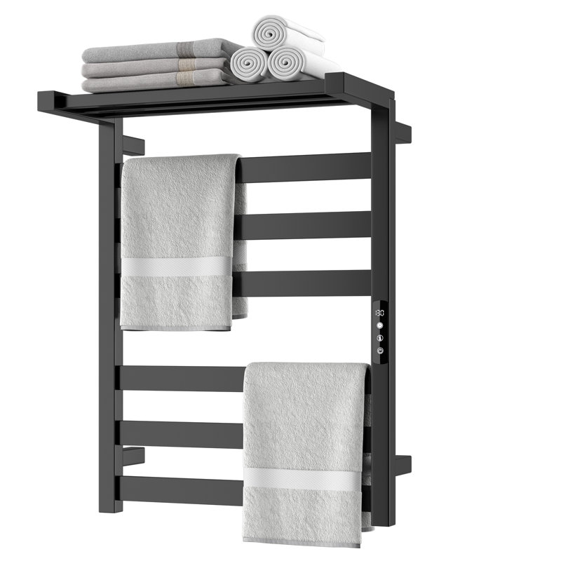 Porte-chauffe-serviettes mural avec tablette supérieure et contrôle de la température à 6 barres , Noir mat