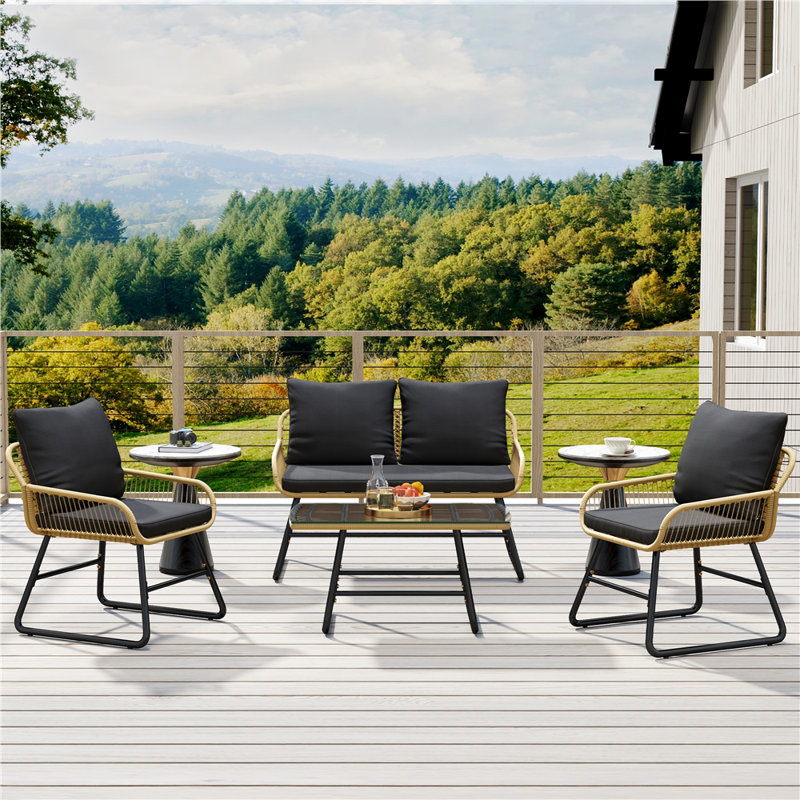 Patio Conversation Set with Cushions and Pillows, Tan/Black
