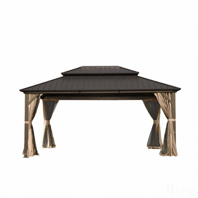 12X16FT Gazebo Aluminum, Mosquito Net For Party Use With Galvanized Steel Double Roof (Brown)