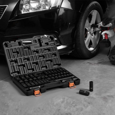 Impact Socket Set, 3/8" Drive, 48-Piece Socket Set, 6-Point Sockets, SAE 5/16"-3/4" and Metric 8-19 mm, 21-22 mm, Easy to Identify, Cr-V Alloy Steel, Extension Bar, Adapter and Storage Cage