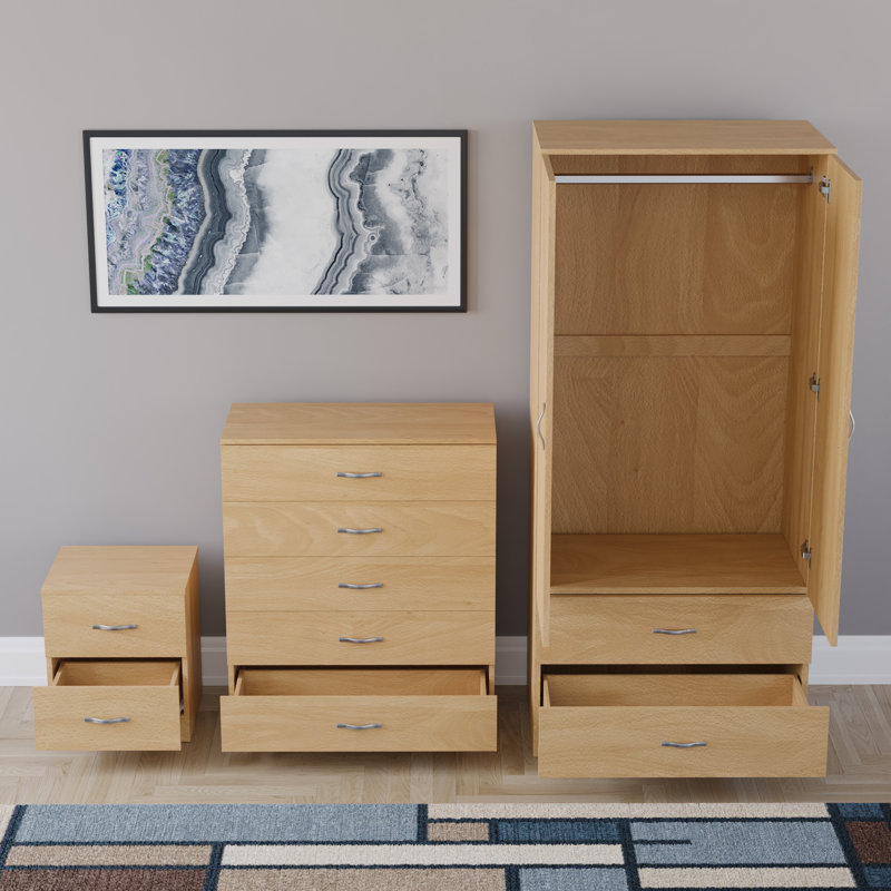 Maybery 3 Piece Bedroom Set (2 Drawer Bedside Chest, 5 Drawer Chest, 2 Door 2 Drawer Wardrobe), (4), Pine