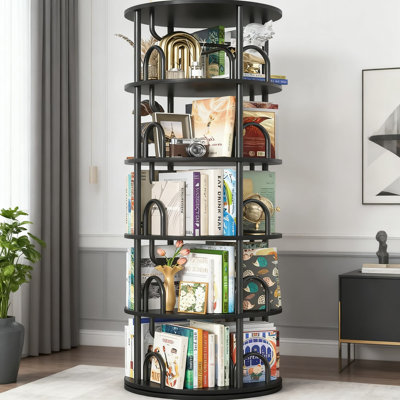 Tour de bibliothèque à 5 niveaux pivotant, bibliothèque rotative à 360 degrés avec conception ronde peu encombrante, organisateur de coin vertical pour livres, jouets et décoration intérieure
