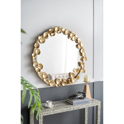 Miroir rond 35 po en métal avec accent de feuille d'or, salon, entrée, ornement de couloir, fer et embellissement robustes, décoration