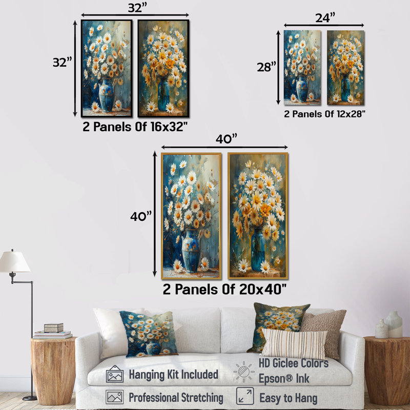 Ensemble de 2 fleurs bleues et blanches avec fleurs de marguerite dans un vase I - marguerites, H 40 po x l 40 po
