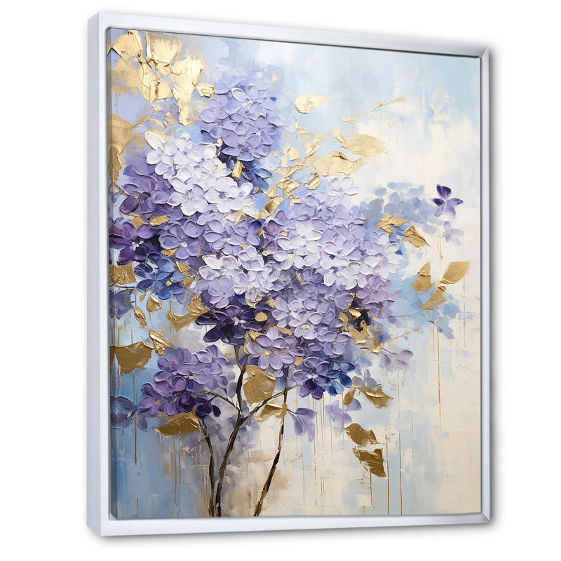 Rêves de lilas pastel mauve et doré sur toile, Cadre flottant blanc, H 32 po x l 16 po x P 1 po