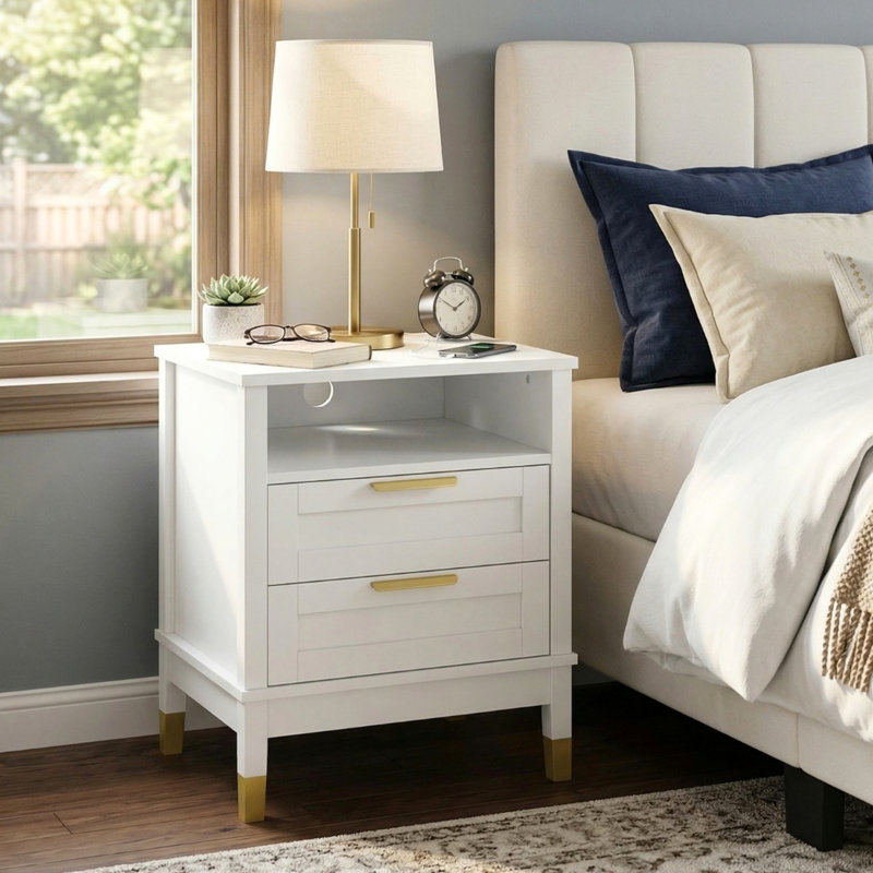 Vista Set Of 2 Nightstand With Charging Station, Bedside Table With Storage Drawers, Night Stand For Bedroom, End Table Or Side Table For Living Room, 15.5" D X 18.9" W X 24" H, White/Gold