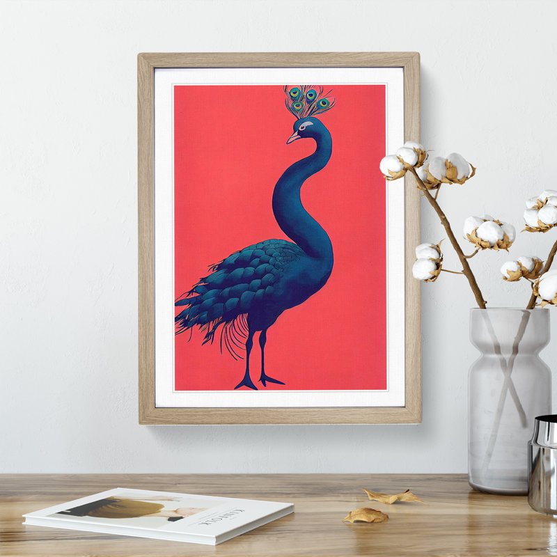 Modern Peacock - Single Picture Frame Print, 64cm H x 46cm W x 2cm D, Oak