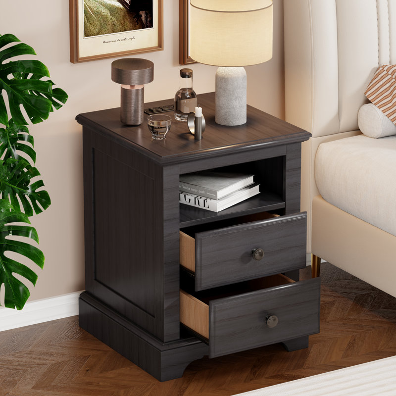 End Table with Charging Station and 2 Drawers, Espresso Wood