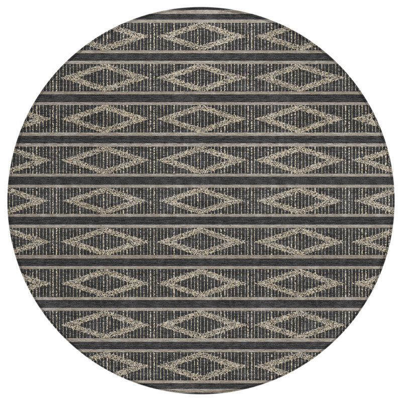 Black and Beige Round Diamond Pattern Washable Synthetic Rug
