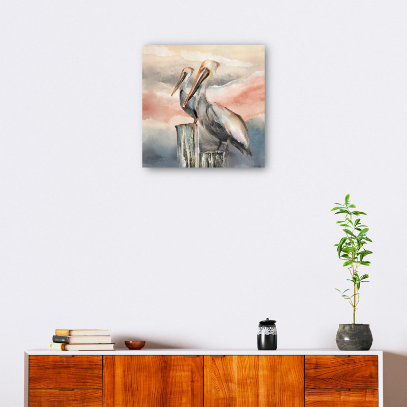 Pelicans at Dusk Large Gray and Pink Canvas Art Print