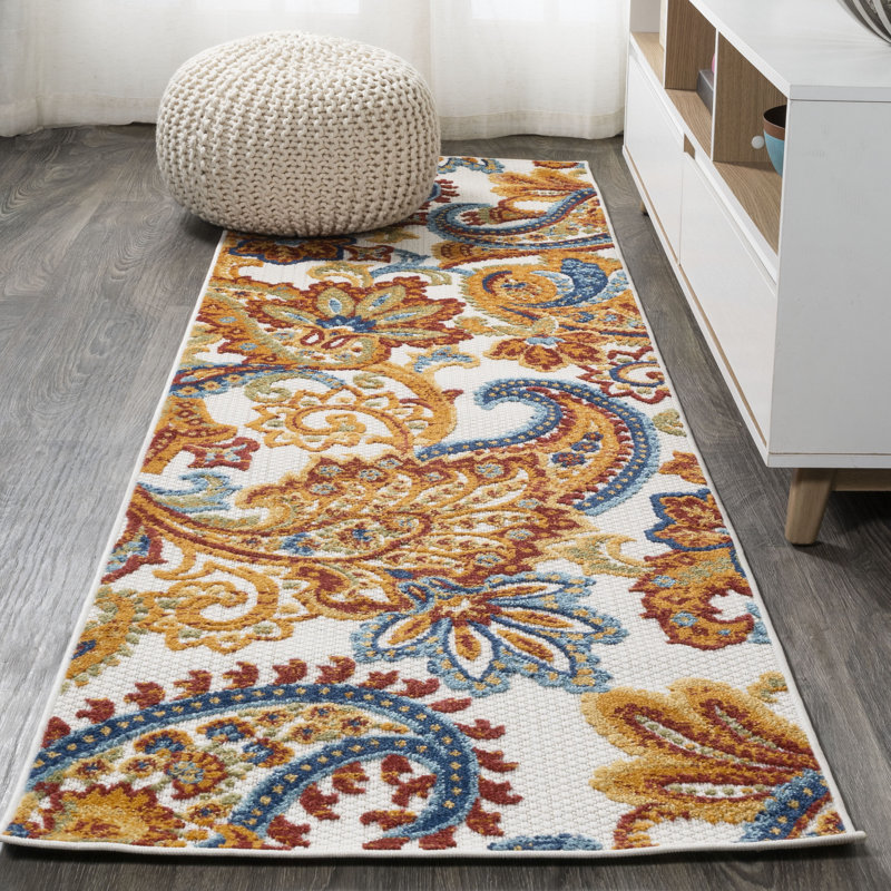 Midgard Paisley High-Low Orange/Multi Indoor/Outdoor Rug, Runner 2'3" x 10'