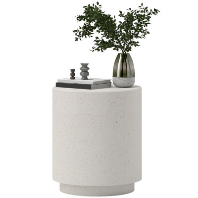 Round Side Table, Lightweight Accent Table With Terrazzo Finish, End Table With 4 Adjustable Feet For Indoor, Outdoor, Cream White