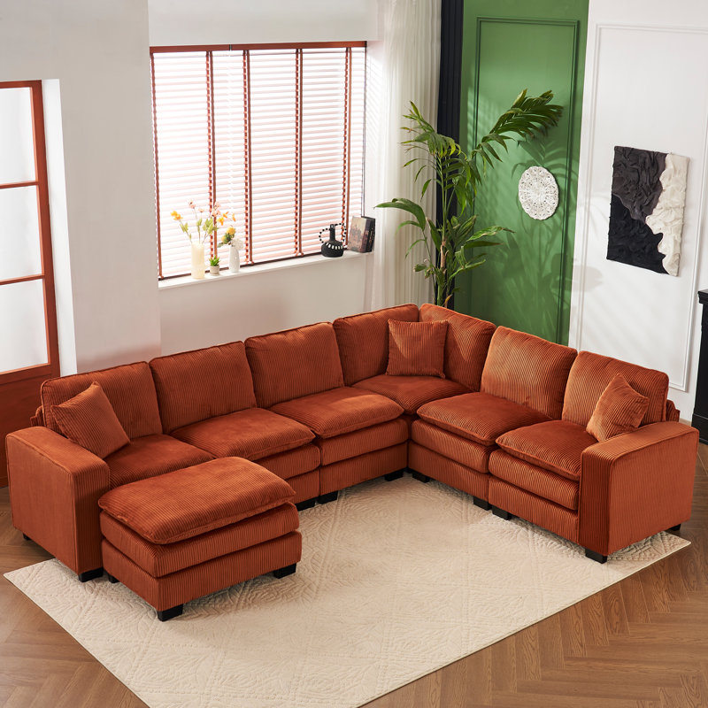 Modern 6-seater corner sofa, corduroy soft cushion combination sofa, Orange