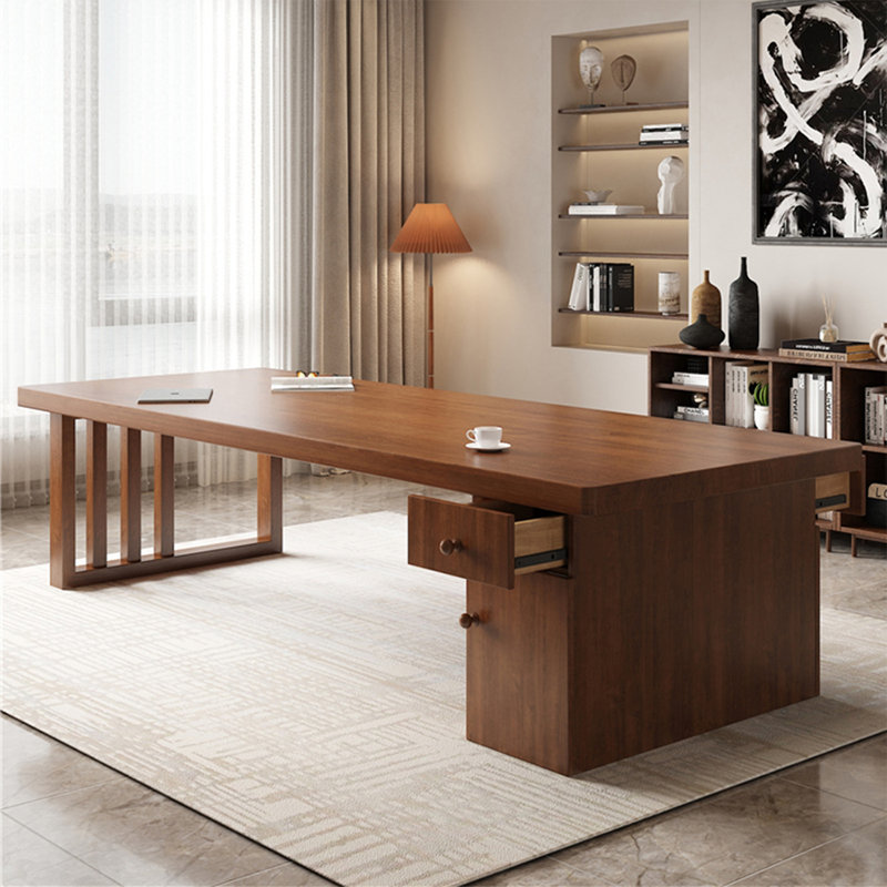 Bureau double caisson en bois massif brun noisette avec 2 tiroirs, H 29,53 po x l 70,87 po x P 31,5 po