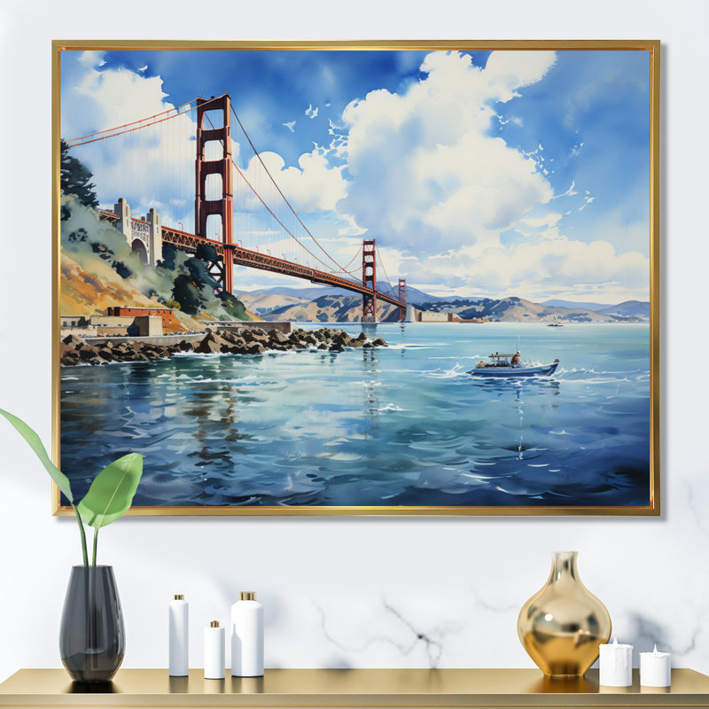 «Blue Bridge Architectural Marvel II», reproduction d'art sur toile, Cadre flottant doré, H 16 po x l 32 po x P 1 po