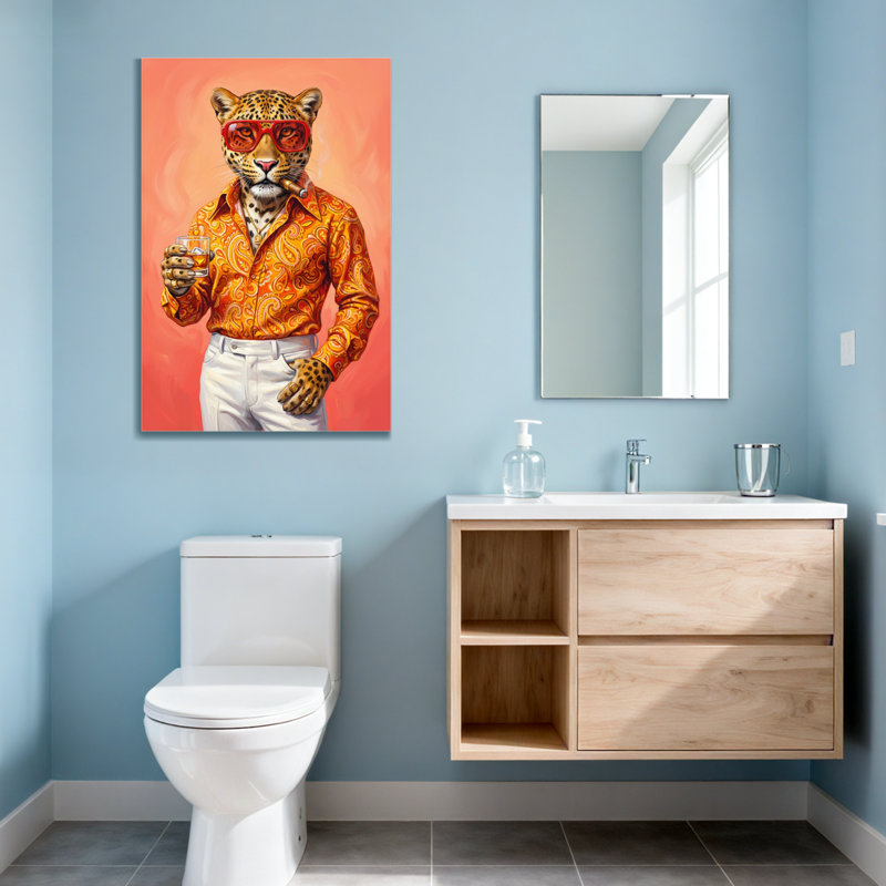 Animaux léopard portant des lunettes de soleil et une chemise avec motif orange, H 30 po x l 20 po