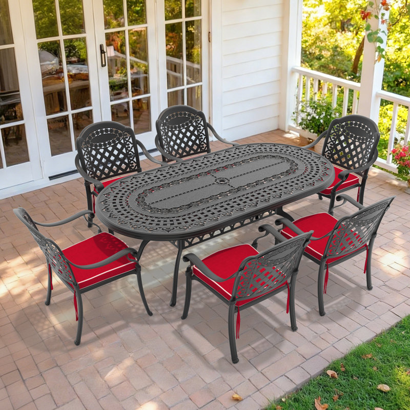 Ensemble de 7 pièces de mobilier de patio en aluminium coulé avec coussins rouges