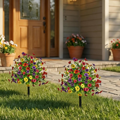 Artificial Violet Eucalyptus Garden Stakes, Set of 2 Realistic Lilac Fake Greenery Sprigs with Ground Stakes for Spring Summer Garden Patio Decor