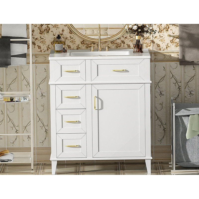 Meuble-lavabo de 30 pouces avec lavabo en céramique, tablette réglable, porte à fermeture en douceur et trois tiroirs à fermeture en douceur