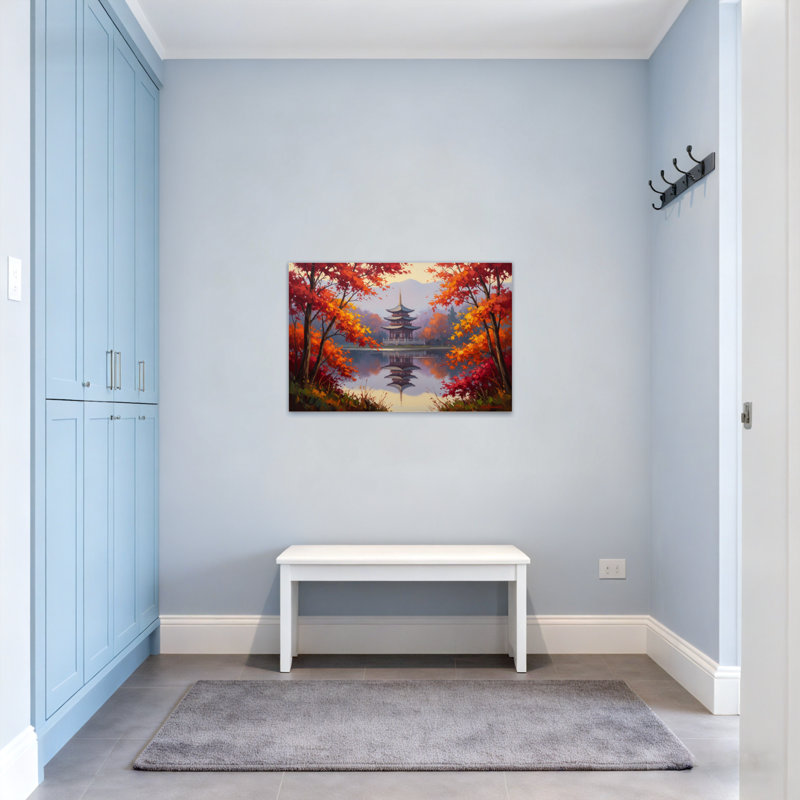 «Landscape & Nature Autumn Temple Reflection», peinture de paysage, H 12 po x l 18 po