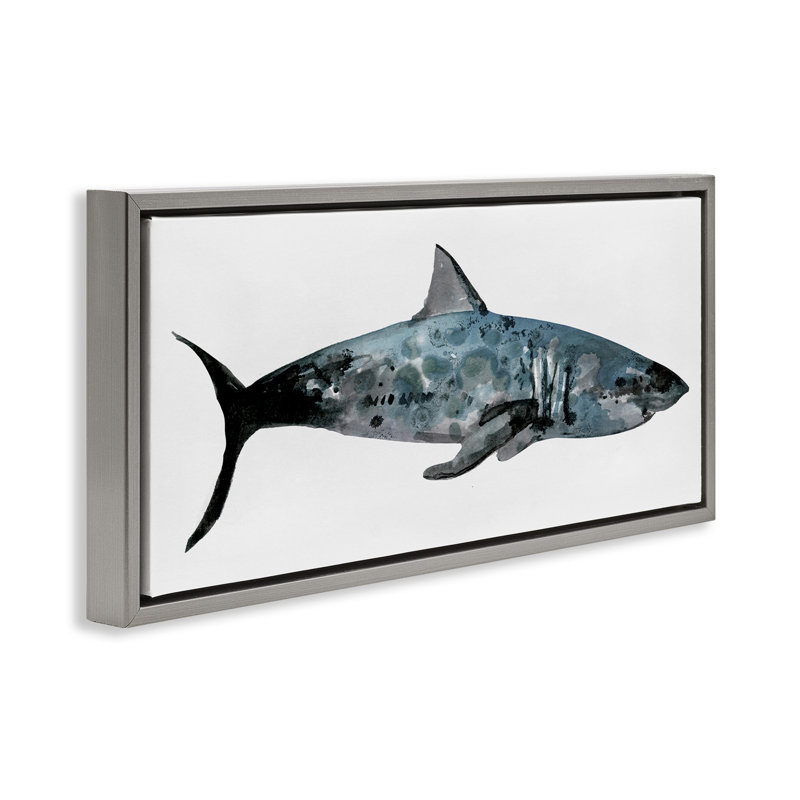 Aquarelle, requin texturé encadré par Stellar Design Studio, H 14 po x l 31 po, Gris