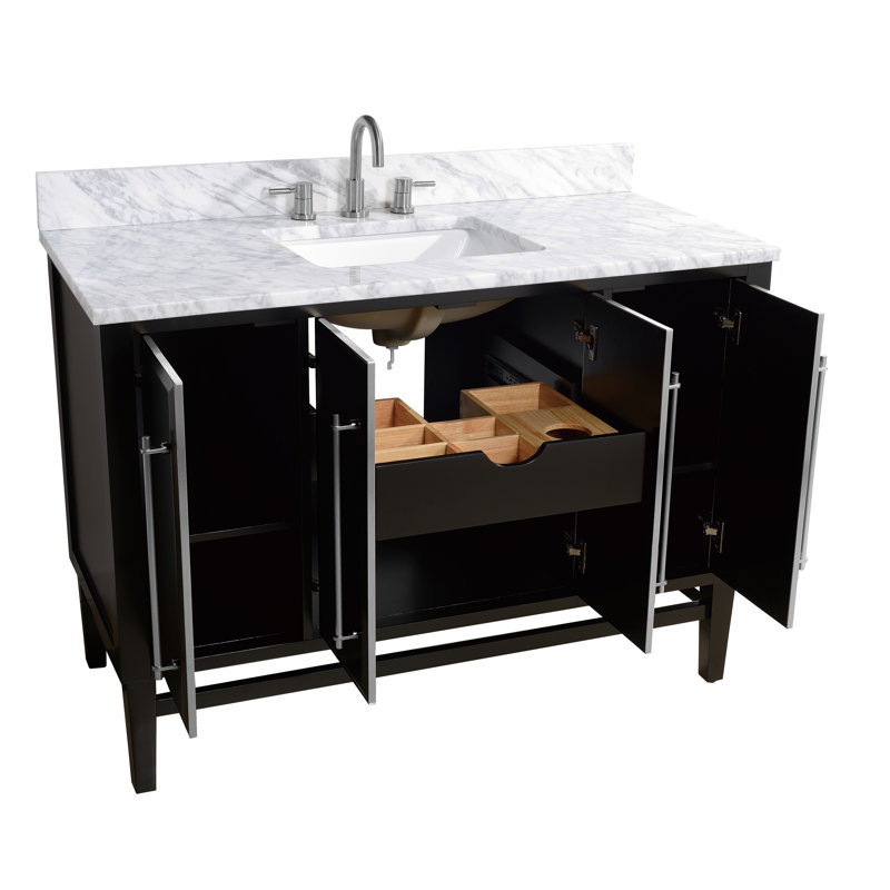 Ewen 49'' Single Bathroom Vanity with Marble Top, Black, Brushed Silver, Carrara White