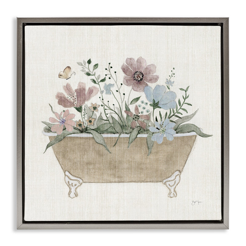 Fleurs de chalet dans un cadre flottant de baignoire, design par Janet Tava, H 25 po x l 25 po, Cadre flottant gris lustré