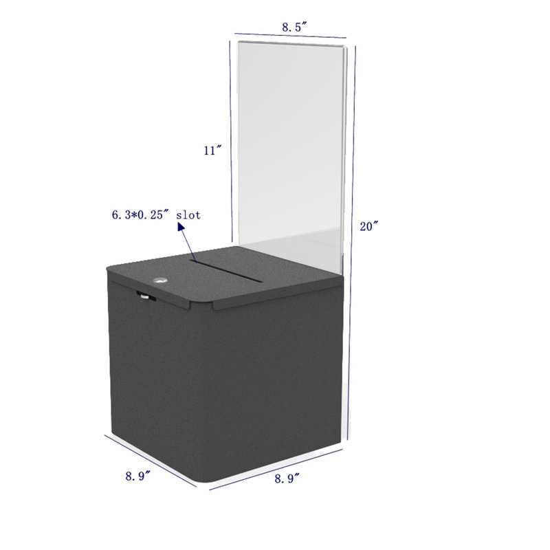 Locking Metal Ballot Box with 8.5" x 11" Acrylic Header, Wall or Countertop - Black