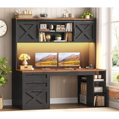 55.1" Farmhouse Desk Office Desk with Drawers Computer Desk With Storage Cabinet