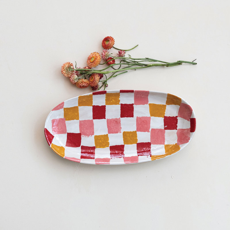 15-3/4"L Oval Stoneware Platter W Checkered Pattern