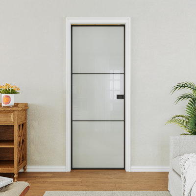Interior Sliding Door 3-Lite Frosted Glass Aluminun Packet Door Black Finished With Aluminun Jamb And Knob