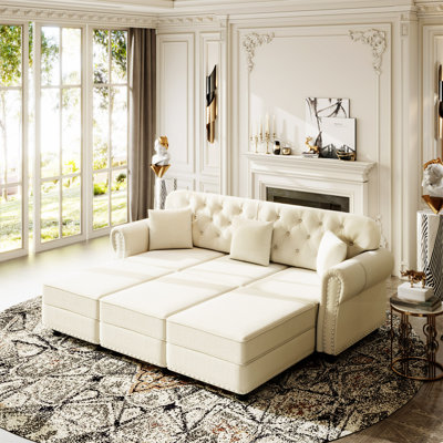Canapé Chesterfield 82,6 po rembourré en velours avec garniture cloutée et accoudoirs roulés, canapé de style Mid-Century moderne capitonné avec boutons, inclus 3 coussins