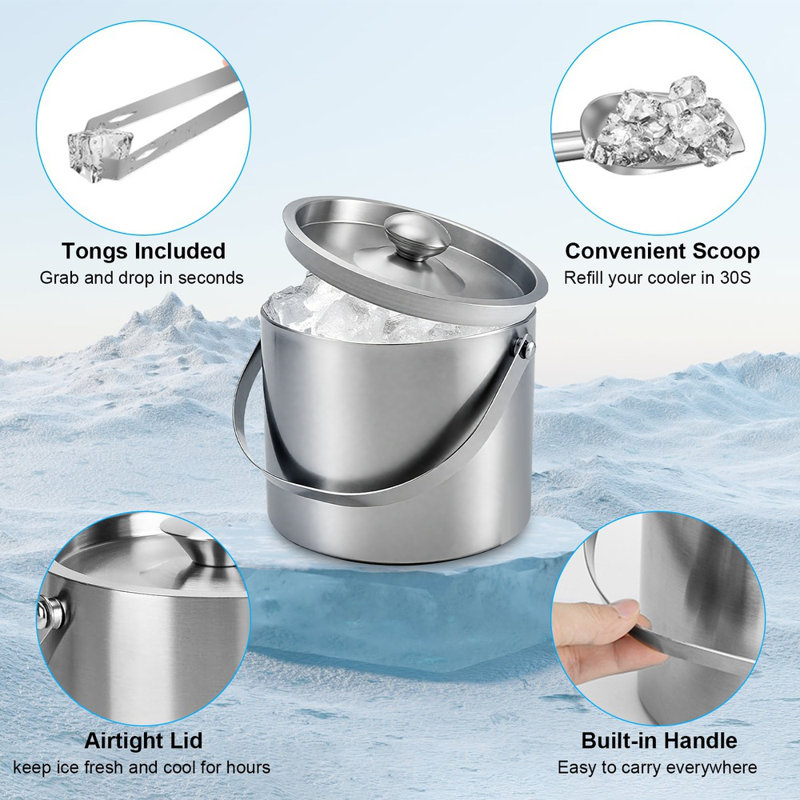 Stainless Steel Ice Bucket Set  Includes Ice Bucket With Lid, Tongs, Scoop & Strainer, Durable, Ideal For Chilling Drinks At Parties
