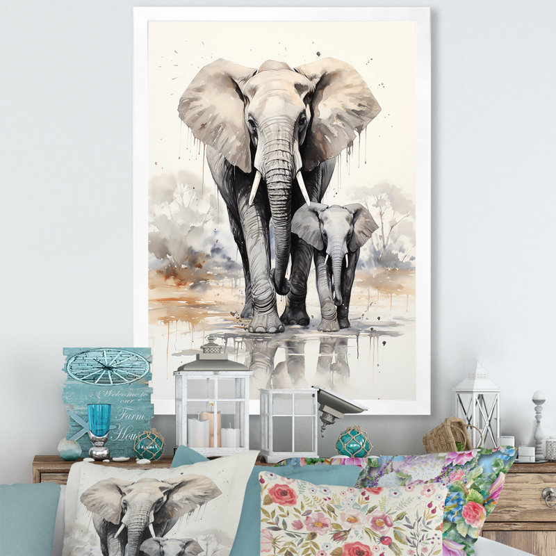 Éléphant élégant avec veau en mouvement sur toile, Cadre simple blanc, H 32 po x l 16 po x P 1 po