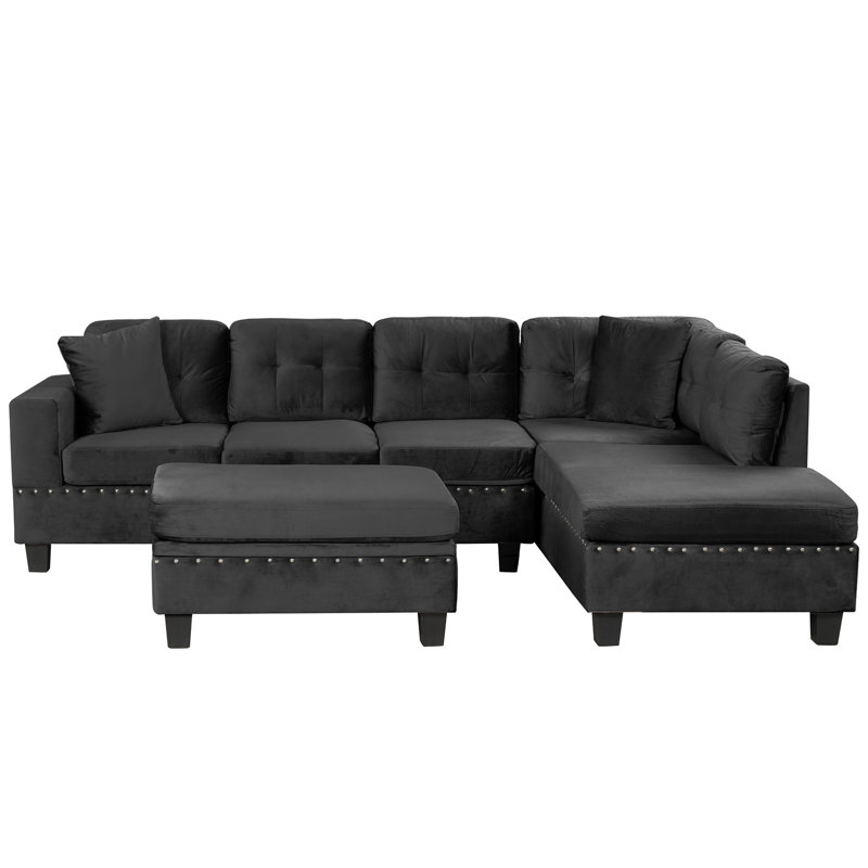Canapé modulaire 105 po avec repose-pieds de rangement 105 po, Velours noir