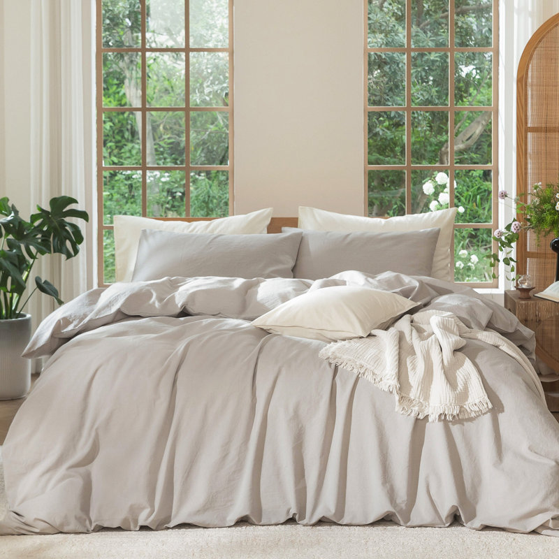 Ensemble de housse de couette 100% coton délavé MooMee, Housse de couette surdimensionnée pour grand lit , Gris crème