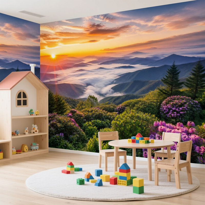 Papier peint adhésif auto-adhésif moderne pour la chambre à coucher avec aube Blue Ridge Mountains L 100 po x l 144 po Peel and Stick