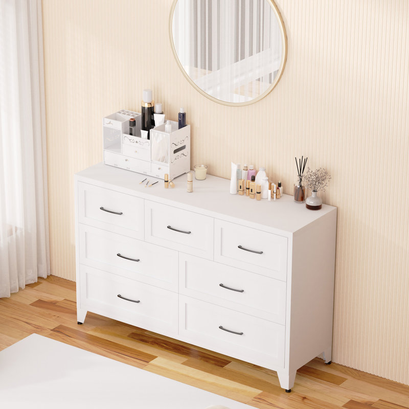 Meuble télé 47,2 po avec 7 tiroirs pour chambre à coucher, couloir et salon, White