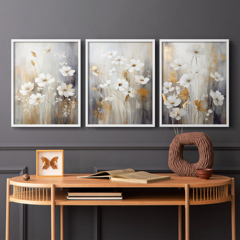Floral Study  Series  XCVI  -Set Of 3 Framed Giclee Prints -Ready to Hang, White Framed, 28" H x 22" W
