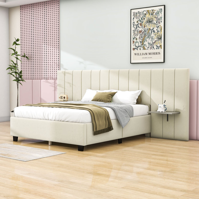 Lit plateforme tapissier avec tête de lit et lattes Kellsi, Grand, Beige