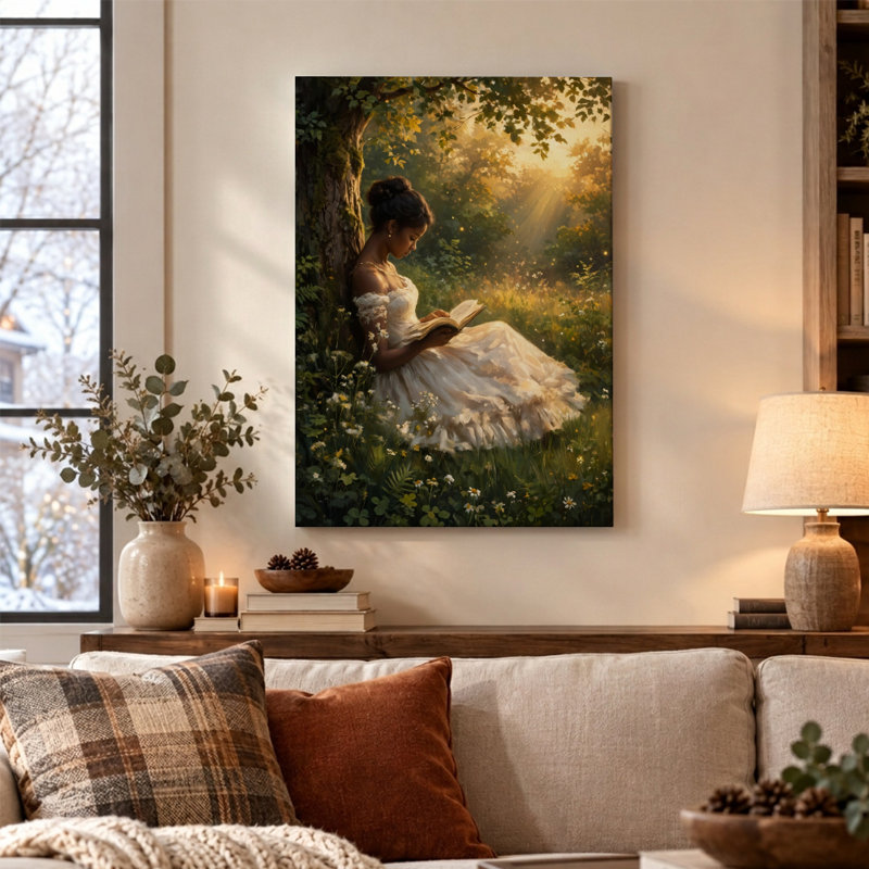 " Green Woman Reading Forest - People Canvas Print Wall Art ", 20"W x 30" x 1"D, Wrapped Canvas