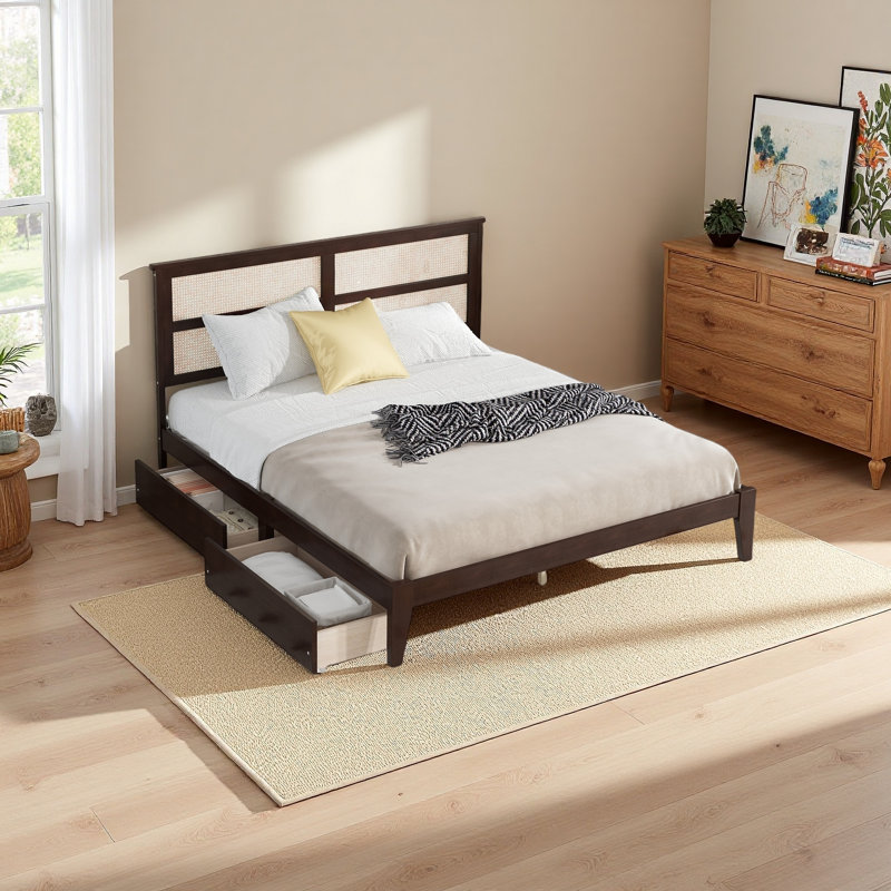 Lit avec tête de lit en rotin, deux tiroirs de rangement, lit en bois d'hévéa avec support et pieds améliorés, Espresso