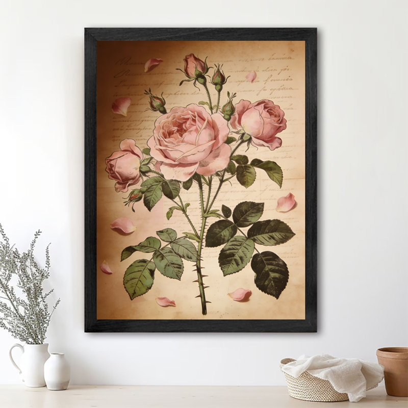 Reproduction d'art encadrée noire, rose, rose ou chou, H 37 po x l 25 po