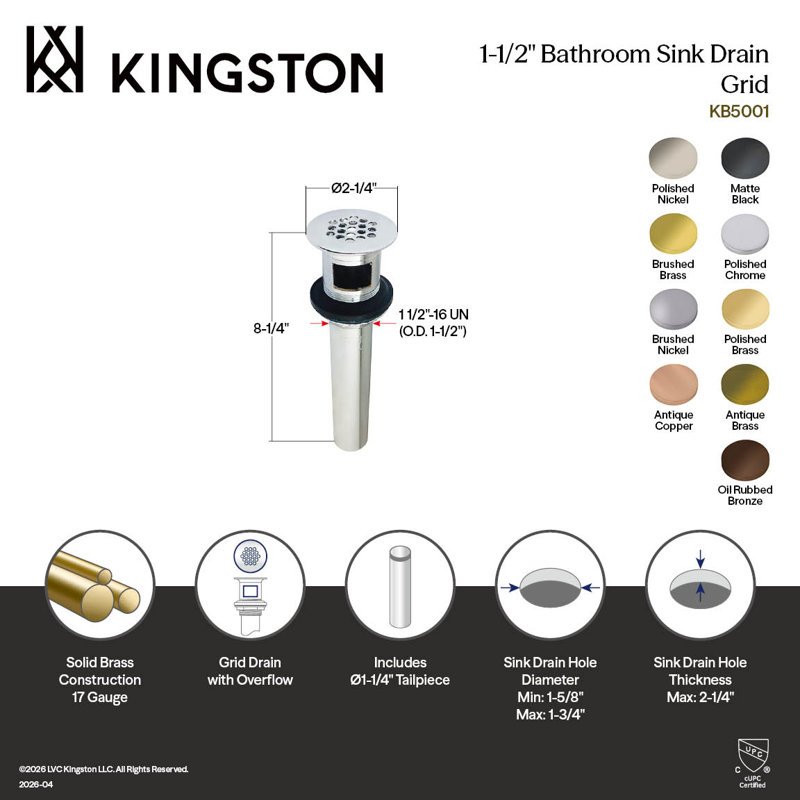 Kingston Brass Trimscape Brass Grid Bathroom Sink Drain with Overflow, 17 Gauge, Polished Nickel