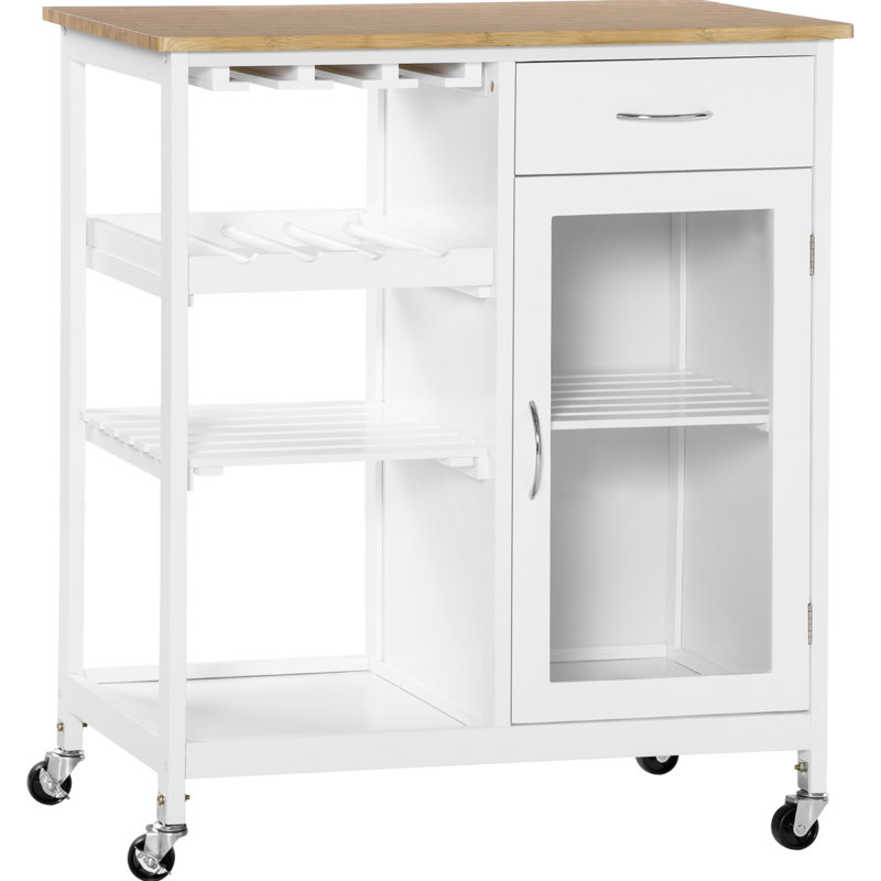 Îlot de cuisine roulant blanc, support à 4 bouteilles, porte-verres à pied, armoire à tiroirs et pratique